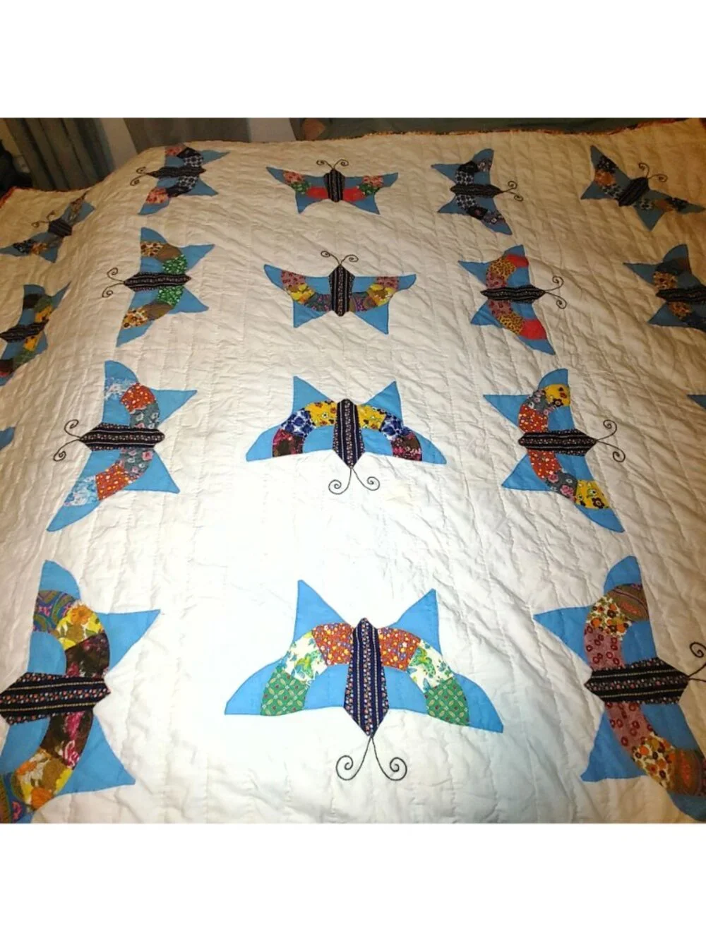 1970s Butterfly Quilt Vintage Handmade Multi Color Patchwork Appliqué 80 by 64